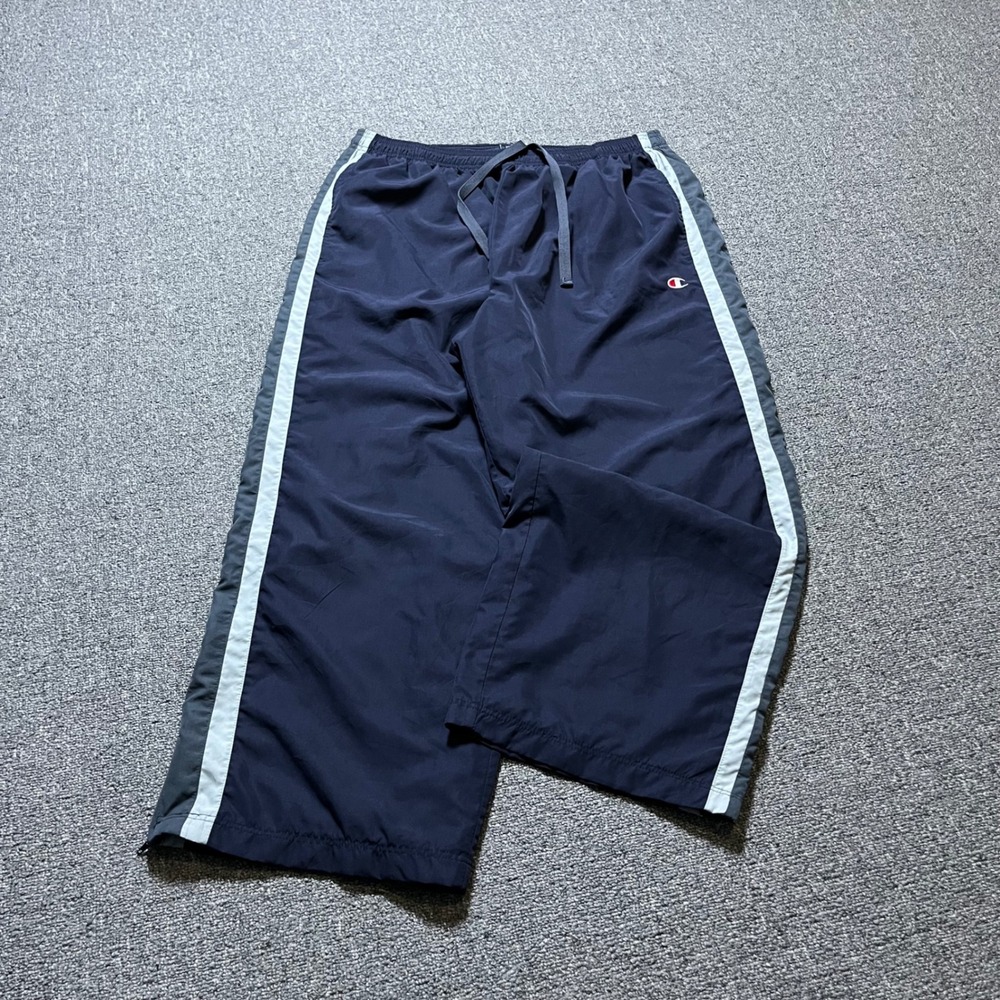 Vintage Champion Baggy Track Pants Large Navy Blue Windbreaker Stripe Y2K
